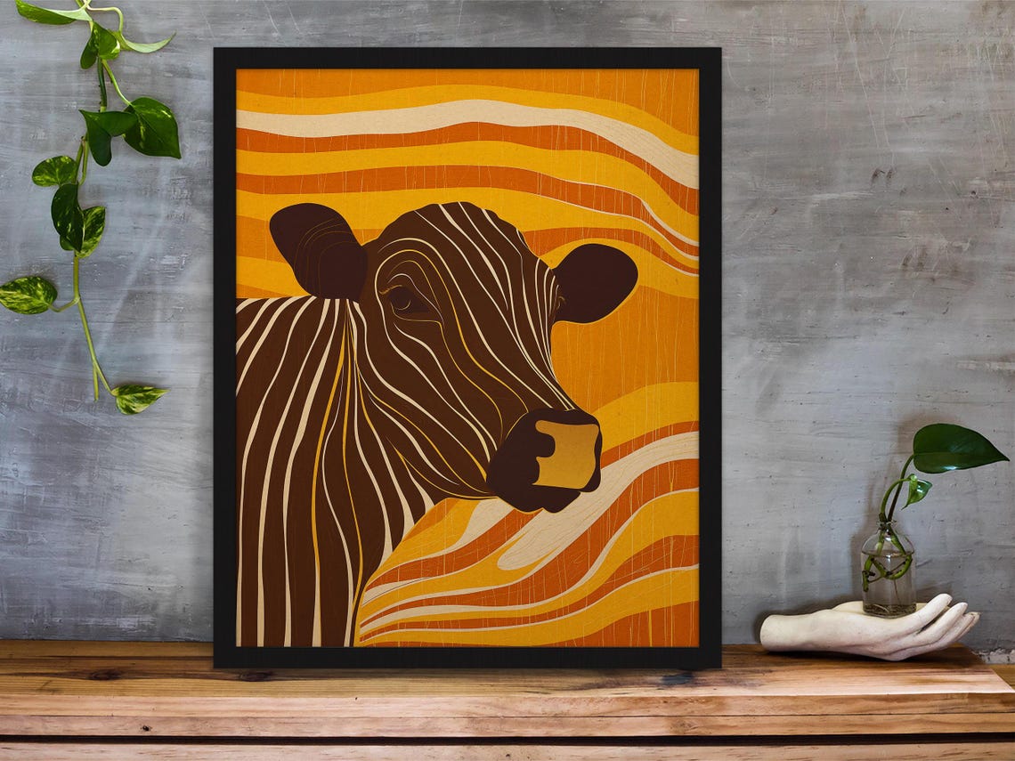 Retro Striped Cow Head on Orange Wavy Sunburst Background Art Poster - Image 3