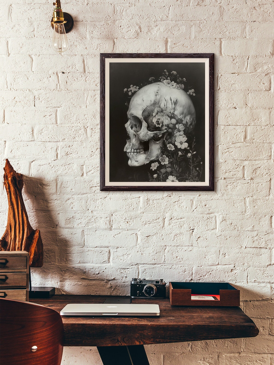 Black and White Floral Skull Profile Gothic Botanical Poster - Image 5