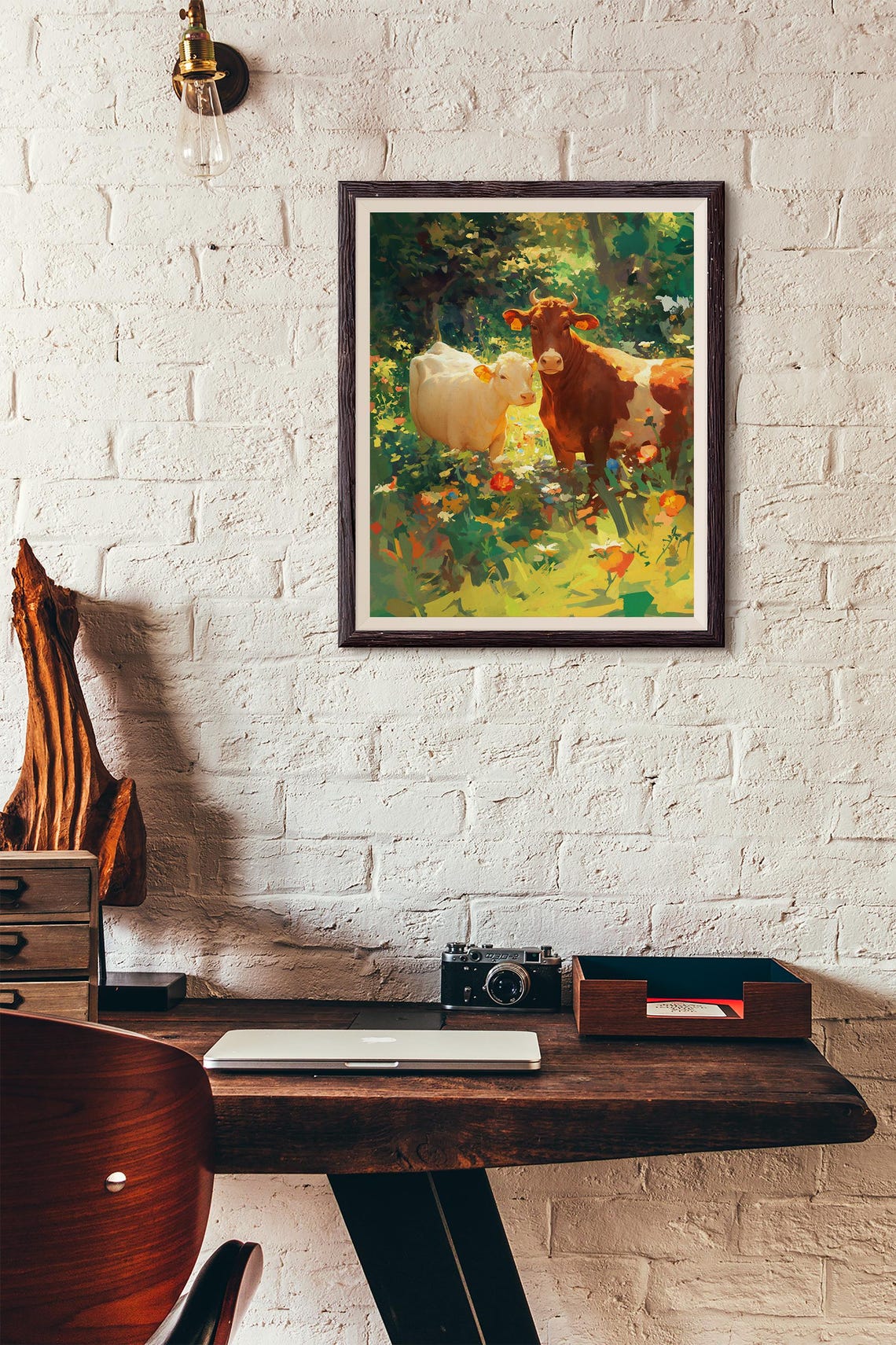 Brown Cow and White Calf in a Sunny Wildflower Meadow Poster - Image 3