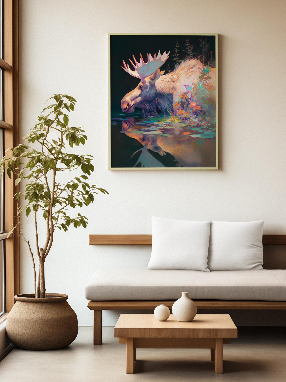 Moose Bull Drinking at Dark Water With Mirror Reflection Painting Poster - Image 2