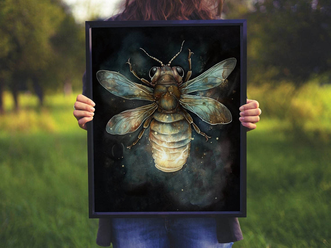 Glowing Firefly Insect Dark Botanical Illustration Style Poster - Image 7