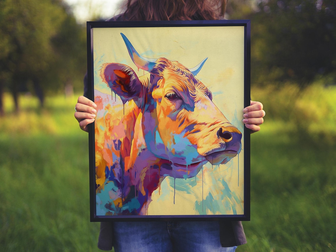 Golden Bull Profile in Orange and Blue with Paint Drips Poster - Image 5