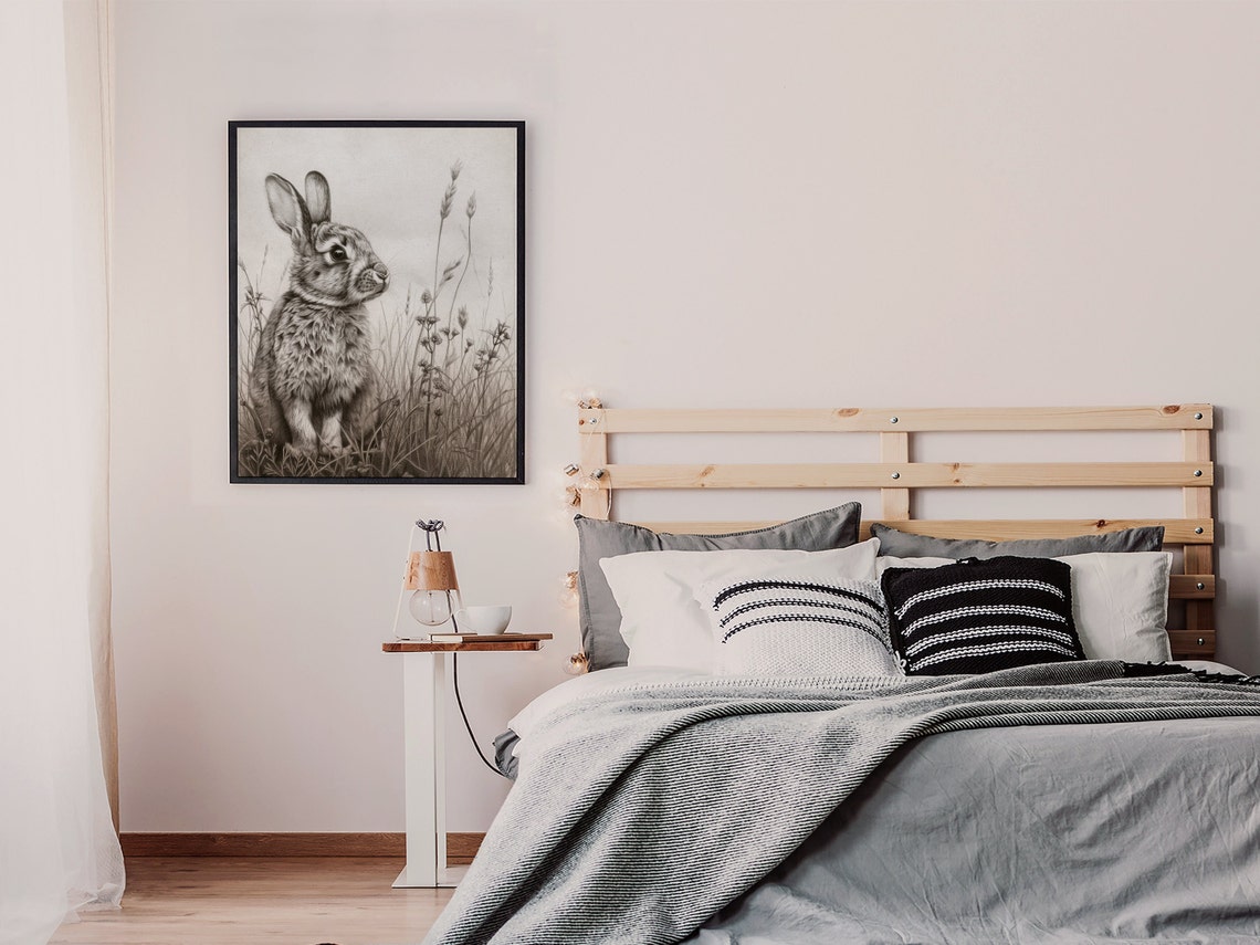Rabbit in Tall Grass Graphite Pencil Drawing Wildlife Poster - Image 7