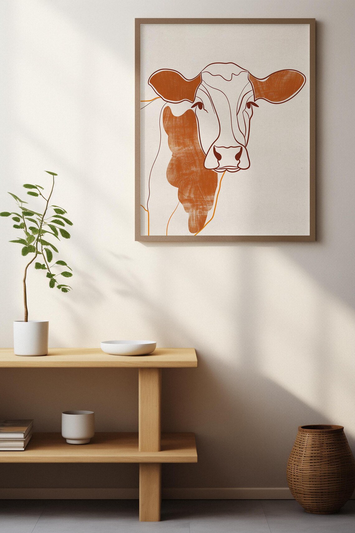 Elegant Terracotta Line Portrait of a Cow on Soft Beige Poster - Image 2