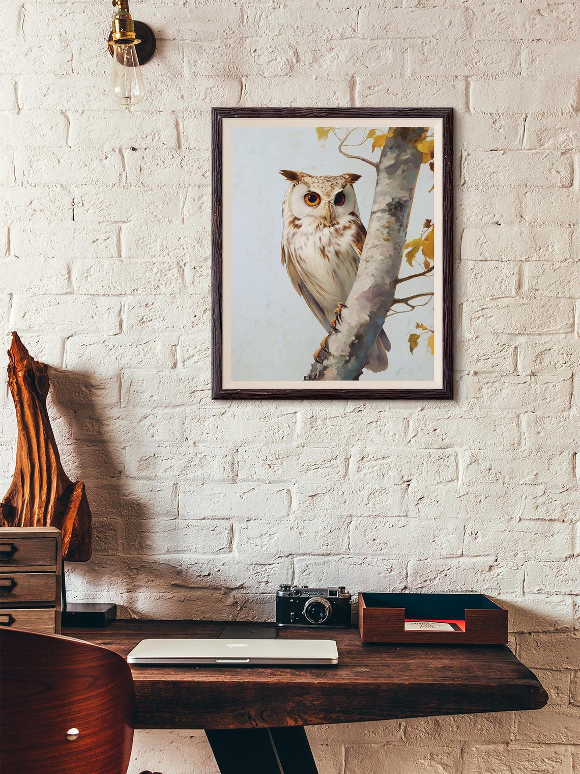 White Owl Perched on a Birch Branch with Autumn Leaves Poster - Image 3