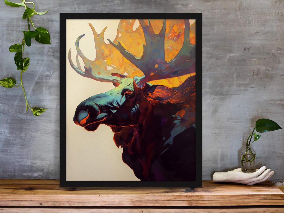 Moose Profile With Glowing Antlers in Dark Amber Forest Colors Poster - Image 3