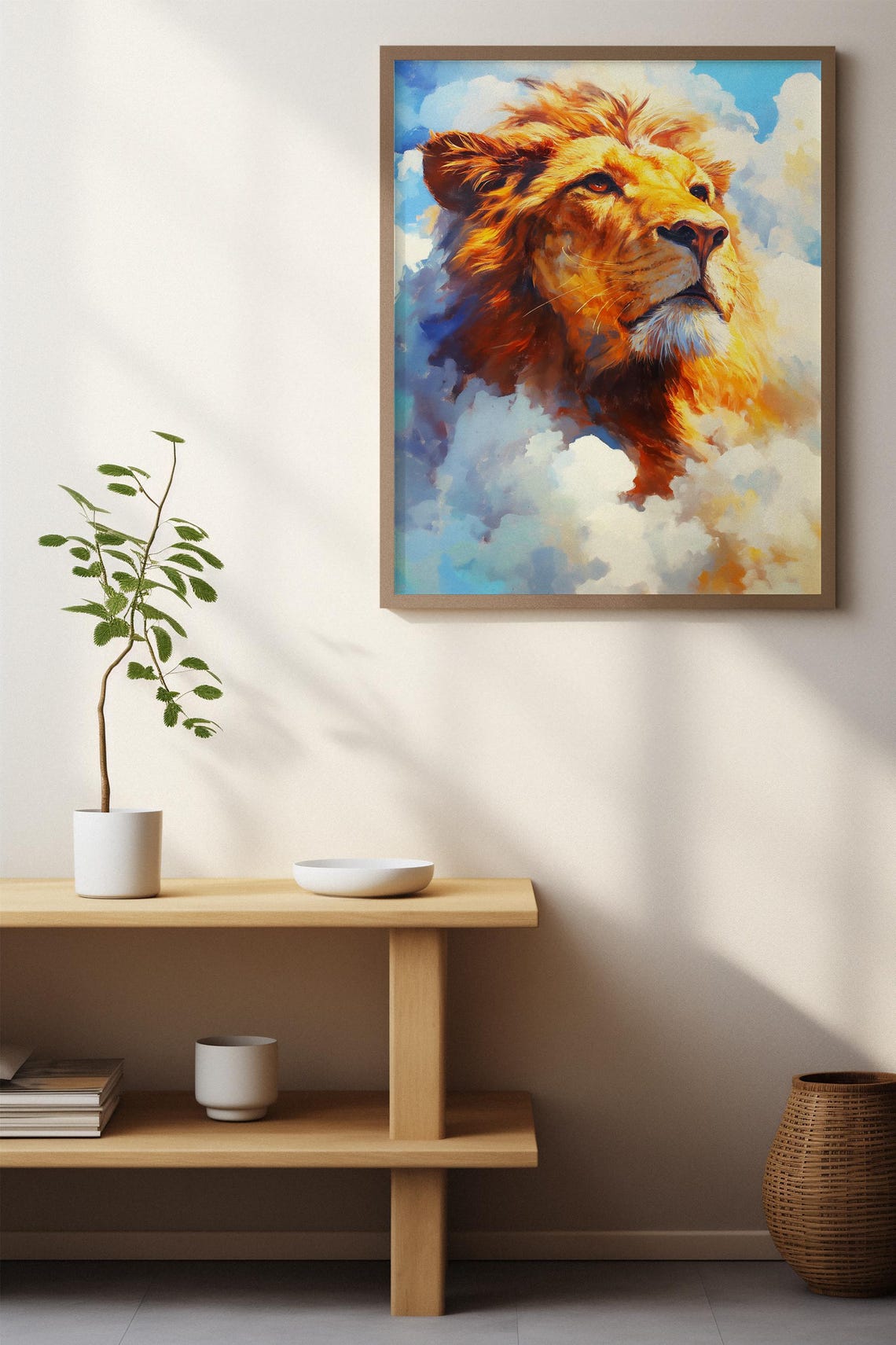 Noble Lion Emerging from Soft Clouds in a Bright Blue Sky Poster - Image 6