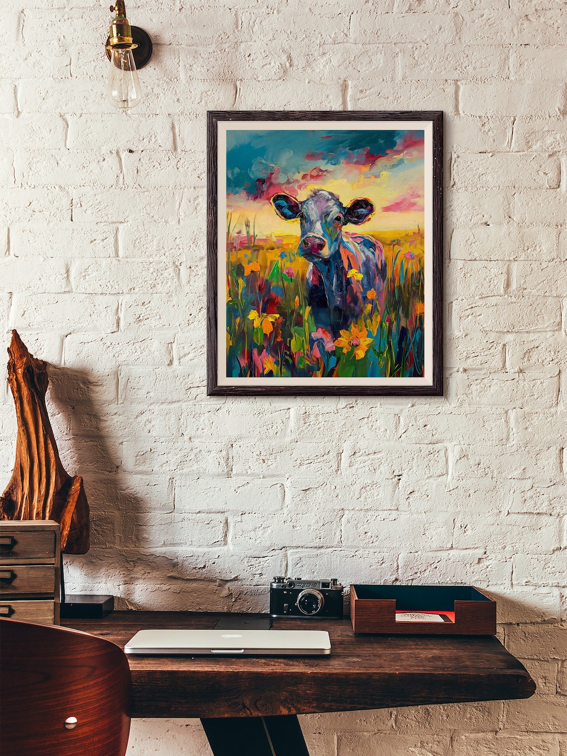 Colorful Cow in Flower Field Sunset Cheerful Farm Art Poster - Image 4