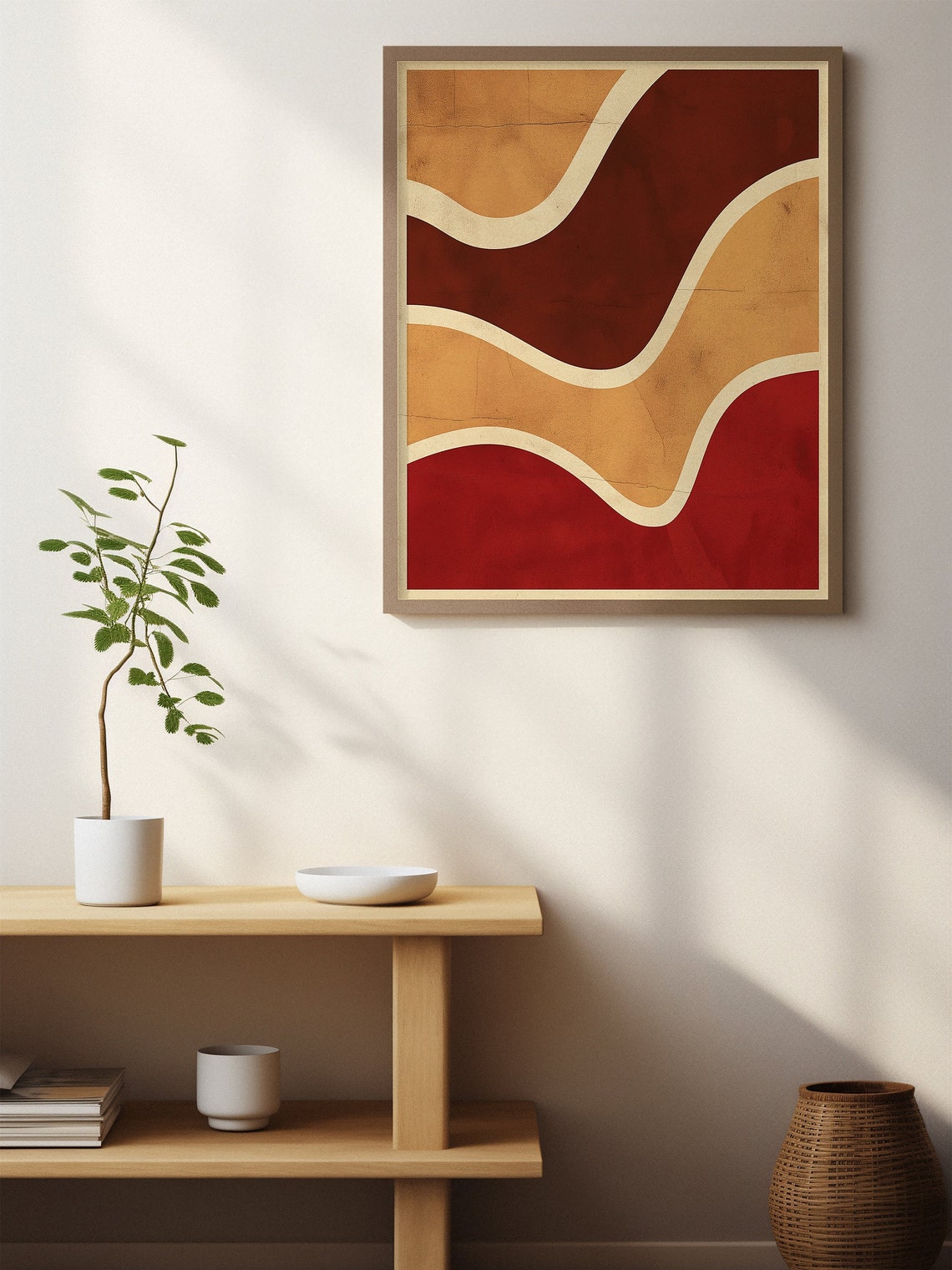 Burgundy and Cream Flowing Waves Retro Mid Century Abstract Poster - Image 5