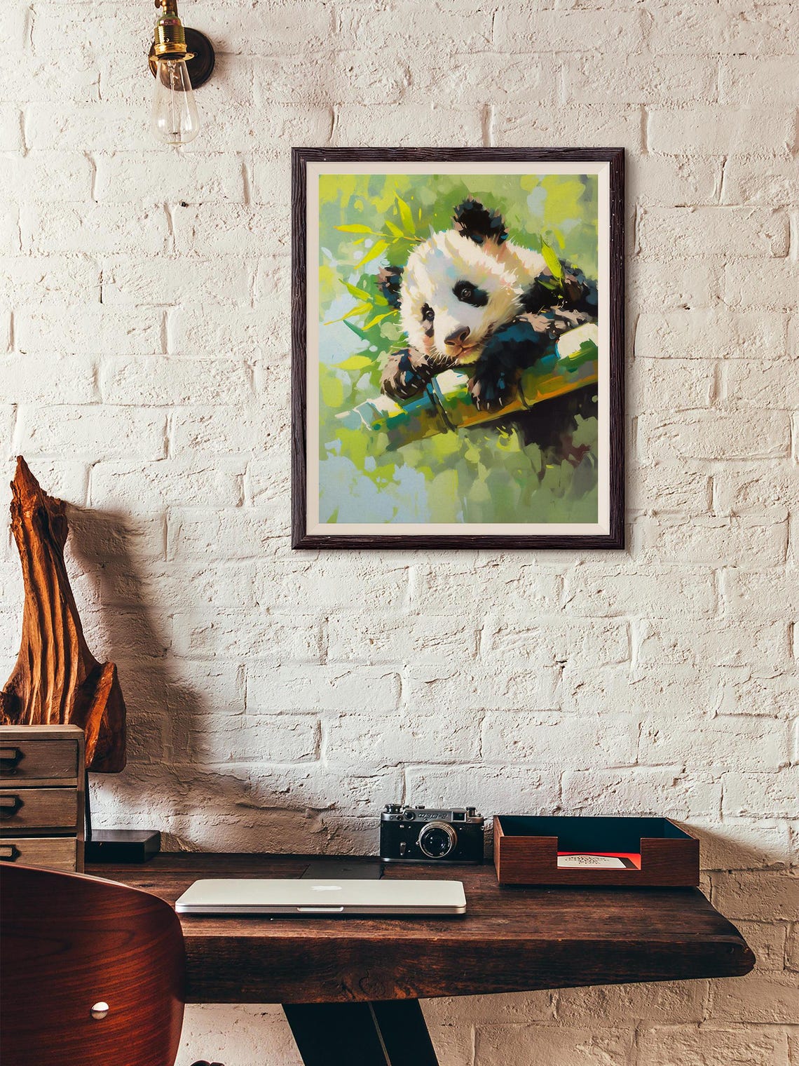 Cute Panda Cub Resting on Bamboo Among Soft Green Leaves Art Poster - Image 3