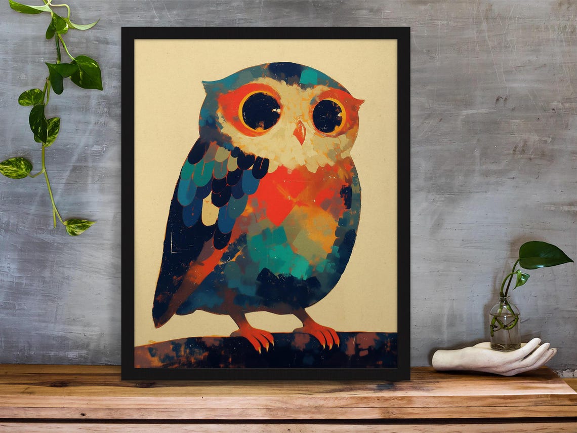 Cute Stylized Owl With Big Round Eyes in Teal and Orange Tones Poster - Image 6