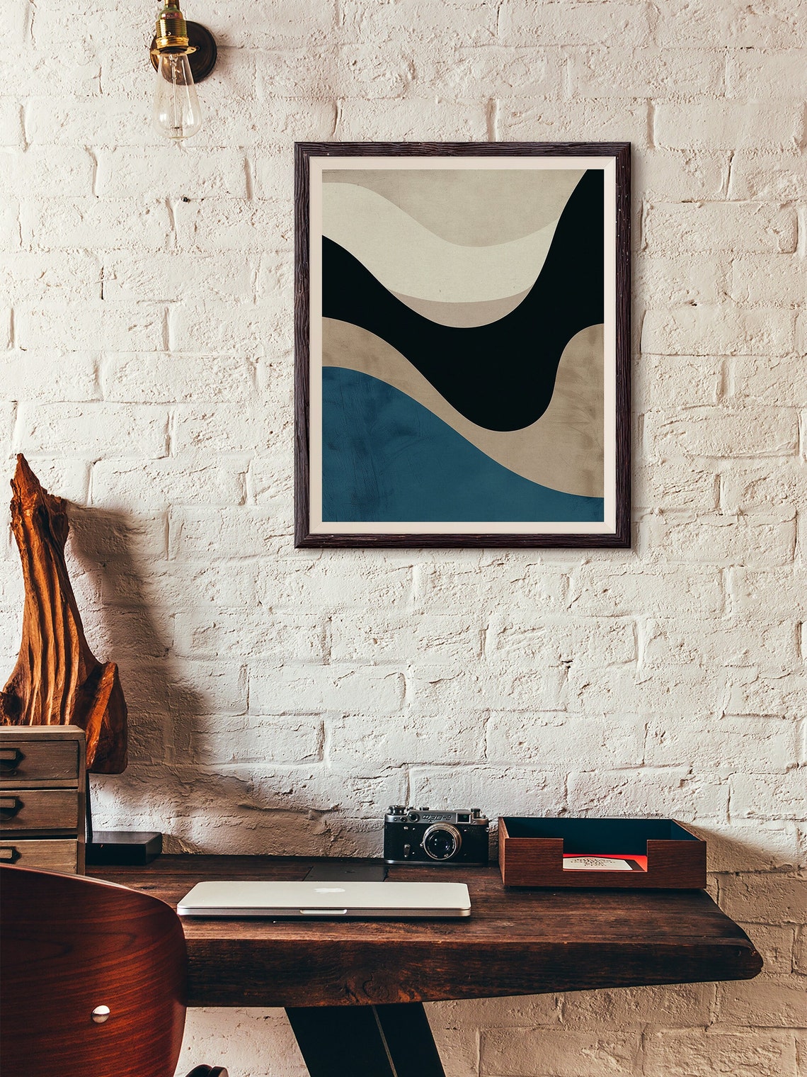 Cream Navy Teal Wavy Bands Minimalist Abstract Art Style Poster - Image 5