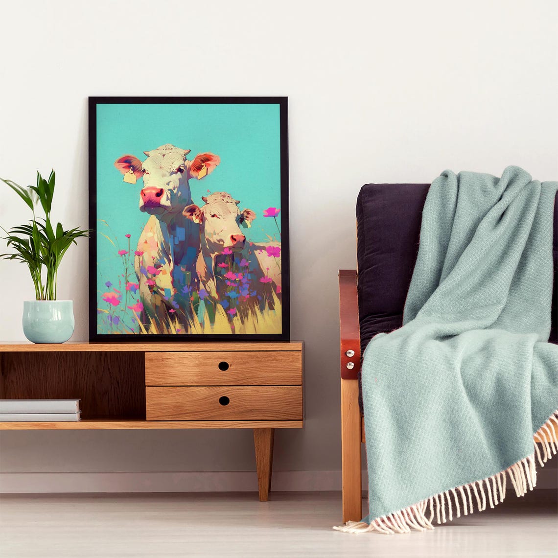 Two White Cows Among Pink Wildflowers on a Turquoise Sky Poster - Image 5