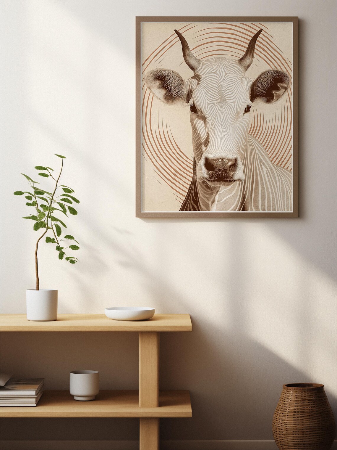 Minimalist Line Art Cow with Spiral Arcs in Sepia Tones Poster - Image 7