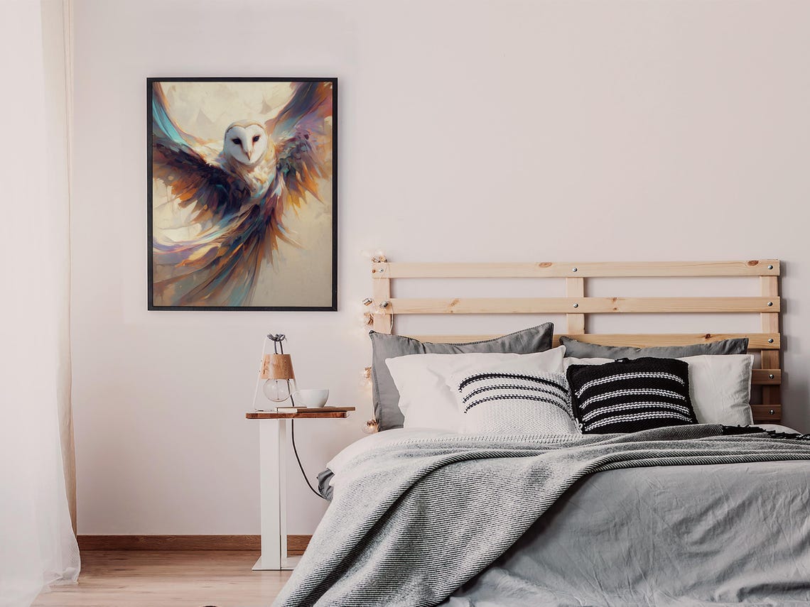 Soaring Barn Owl in Flight with Sweeping Abstract Wings Poster - Image 7