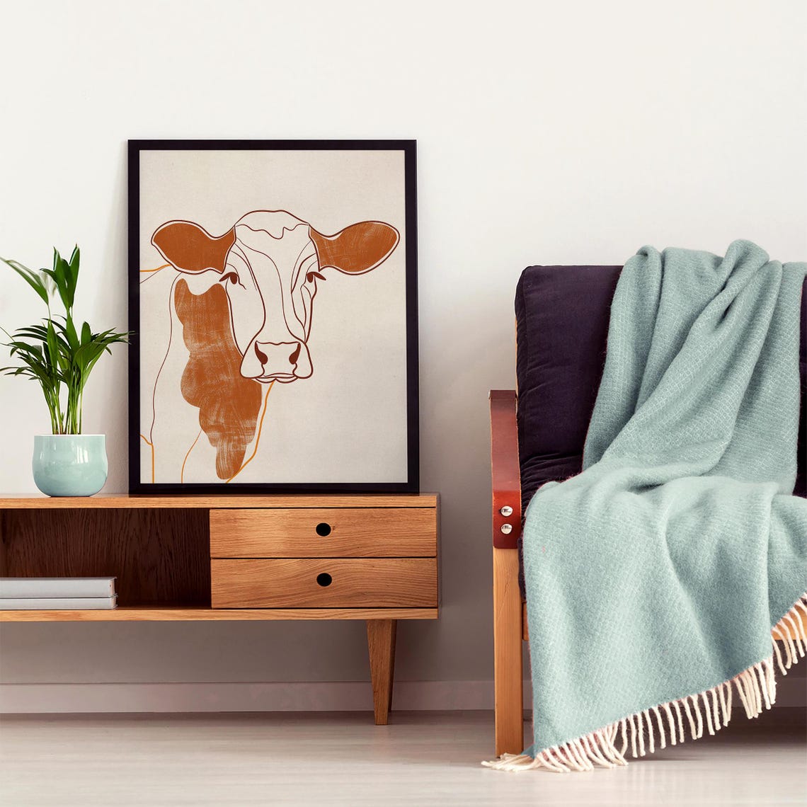 Elegant Terracotta Line Portrait of a Cow on Soft Beige Poster - Image 5