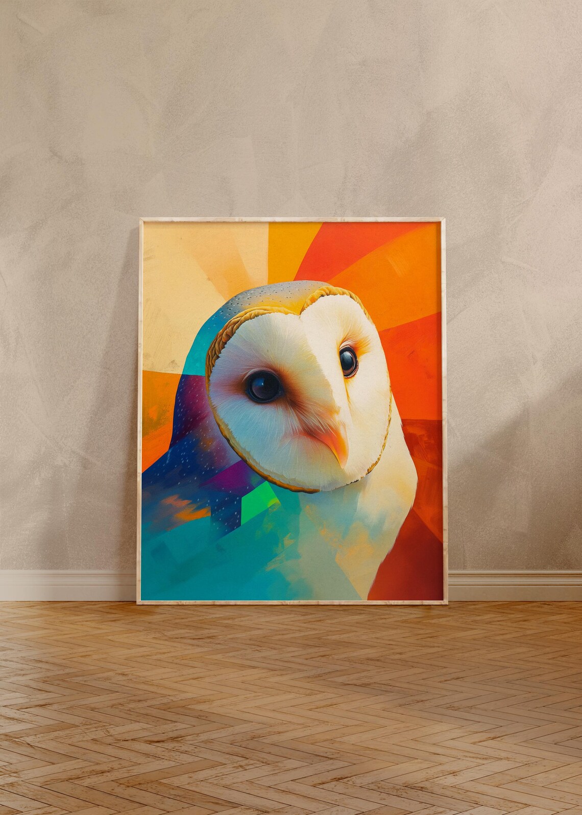 Barn Owl Face Close-Up With Orange and Teal Sunburst Colors Art Poster - Image 2
