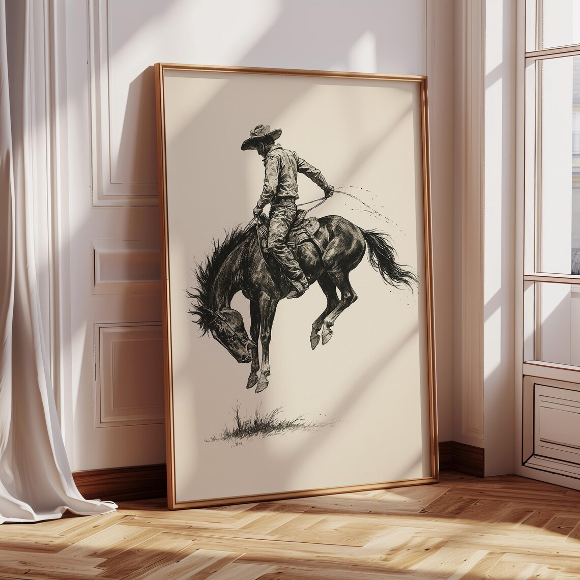 Western Cowboy Riding A Bucking Horse, Vintage Rodeo Ink Drawing
