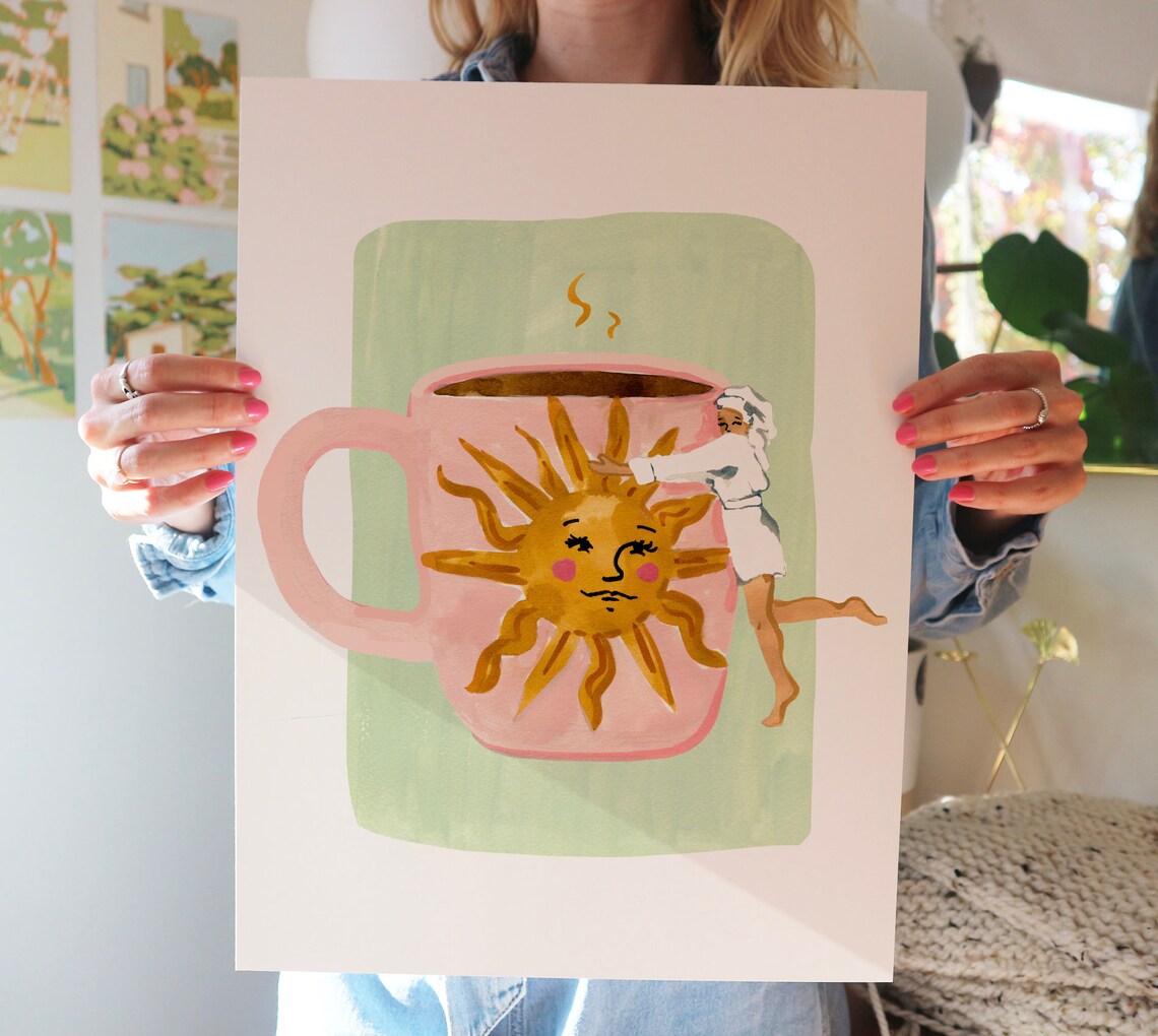 Coffee Hug Boho Kitchen Art Print, Sage Green - Image 2