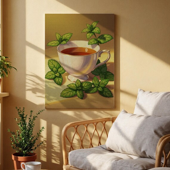 Mint Tea Cup With Fresh Leaves Herbal Botanical Kitchen Poster