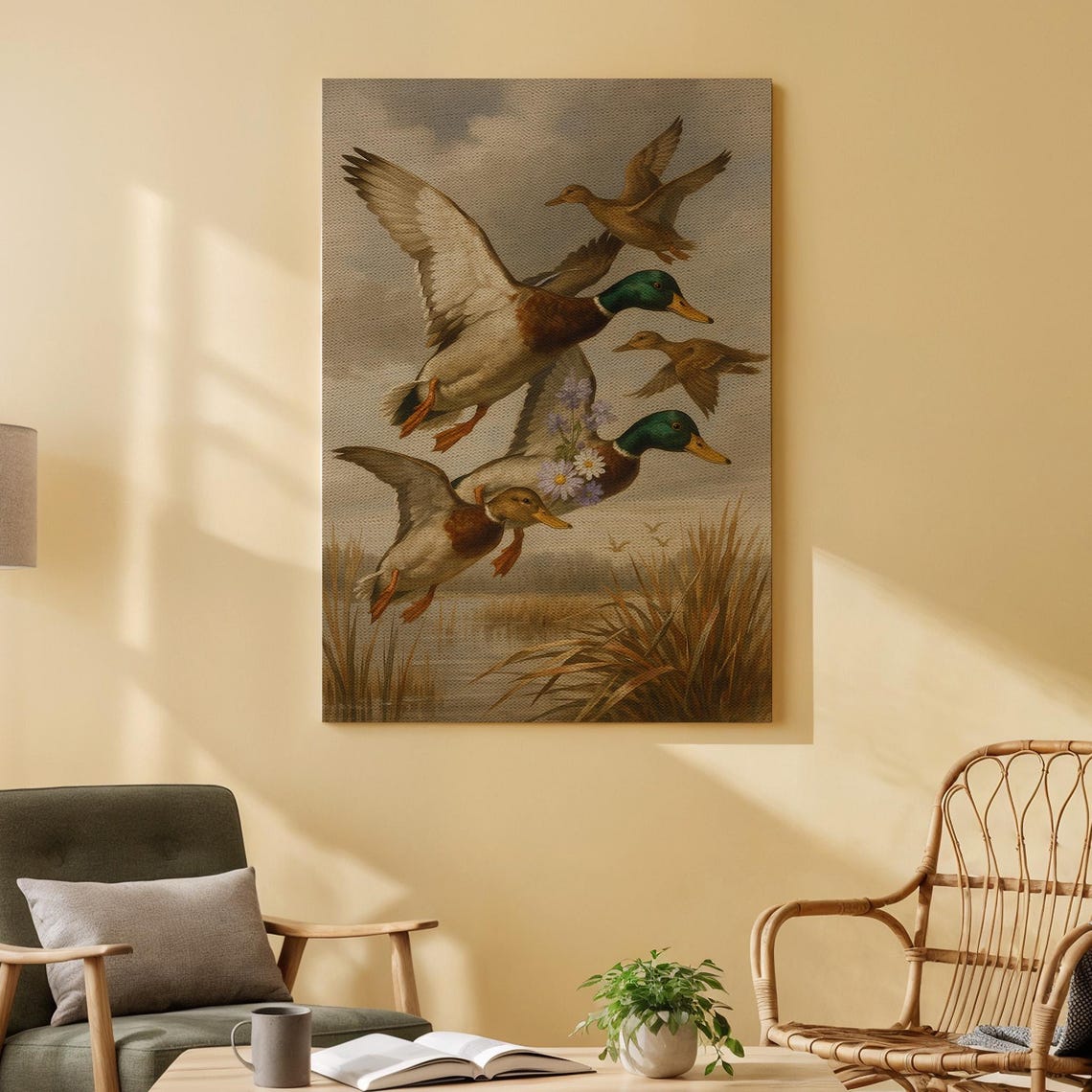 Mallard Ducks In Flight Over Misty Marsh Vintage Wildlife Poster