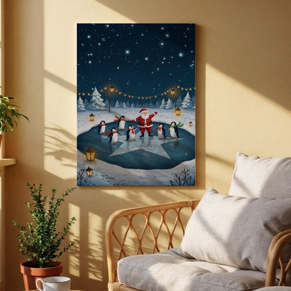 Santa Ice Skating With Penguins Starry Night Winter Art Poster