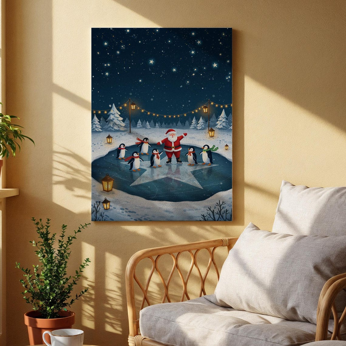 Santa Ice Skating With Penguins Starry Night Winter Art Poster