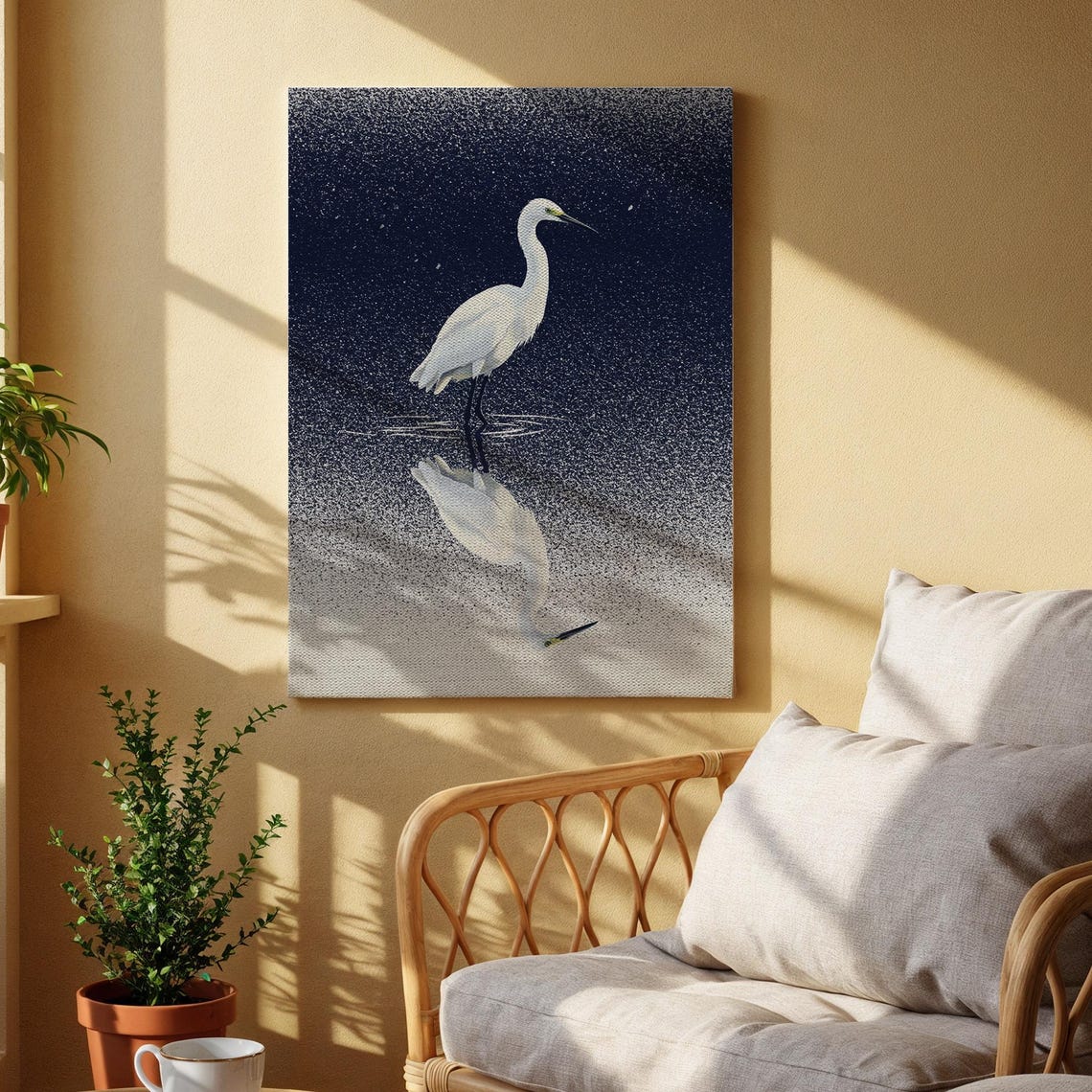 Egret Bird Canvas Art Elegant White With Reflection Natureinspired Minimalist Artwork For Living Room Office Or Bedroom Decor