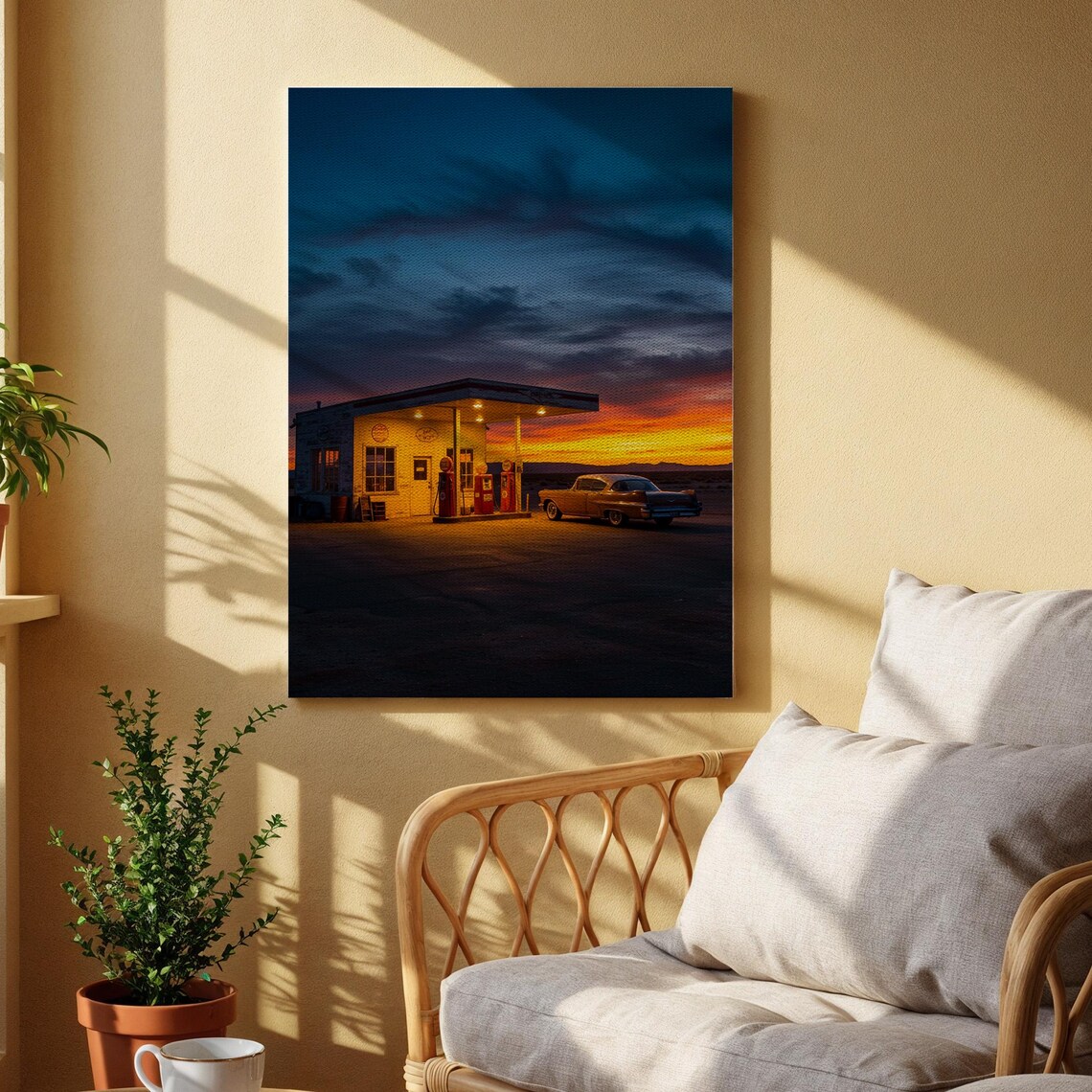 Vintage Gas Station Sunset Retro Americana Classic Car Night Wall Art