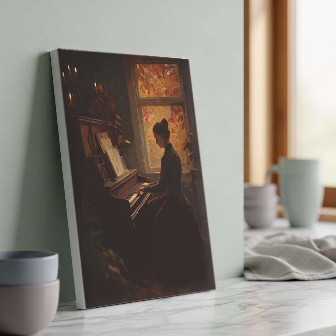 Woman Playing Piano Autumn Window Moody Vintage Oil Art Poster