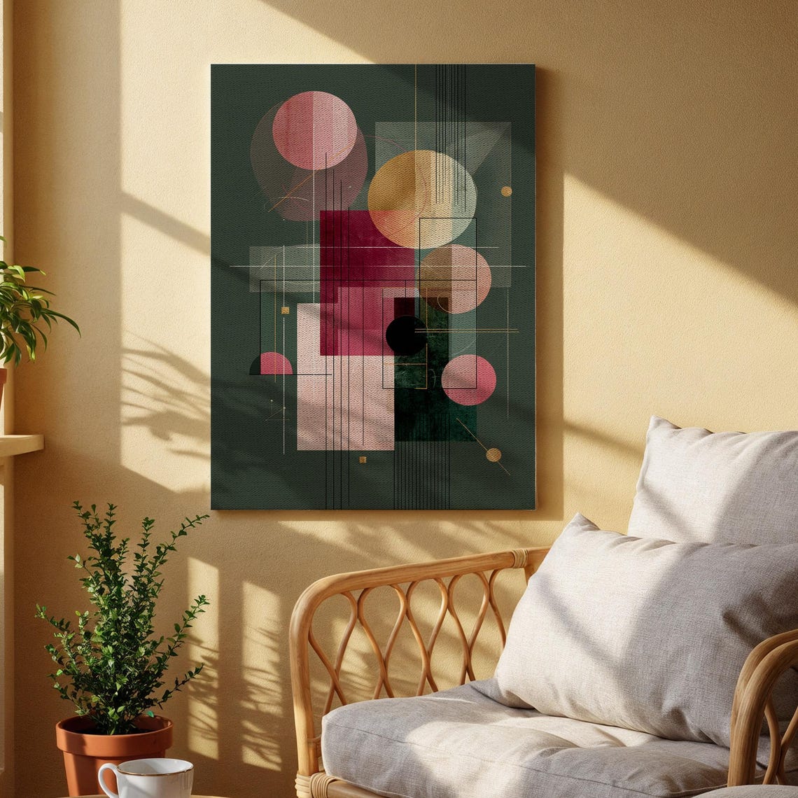 Bauhaus Geometric Abstract Circles Pink Green Modern Decor Poster