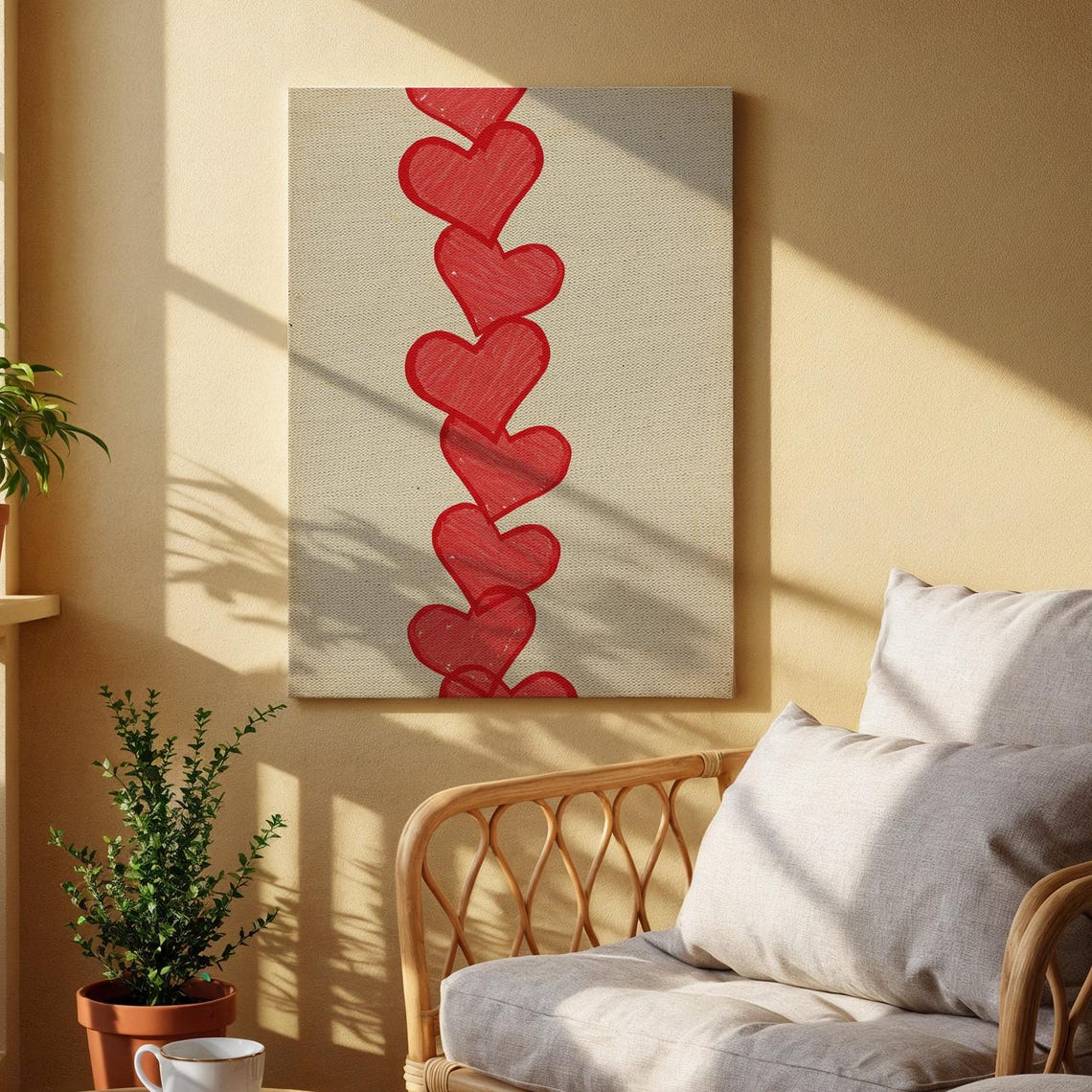 Red Hearts Vertical Line Minimal Modern Romantic Canvas Wall Art