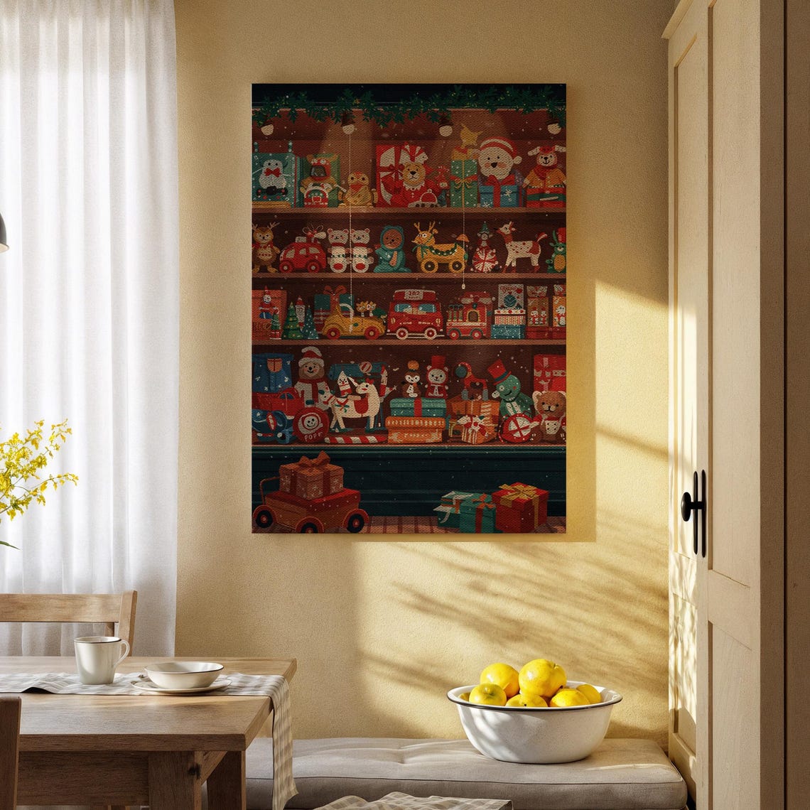 Vintage Toy Shelf Retro Toys Trains Teddies Christmas Canvas Print