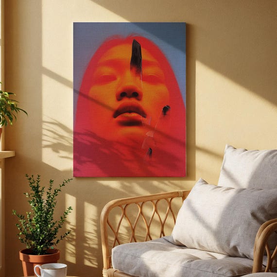 Surreal Portrait Canvas Wall Art Abstract Red And Blue Face Print Contemporary Fantasy Artwork For Modern Living Room Or Creative Studio