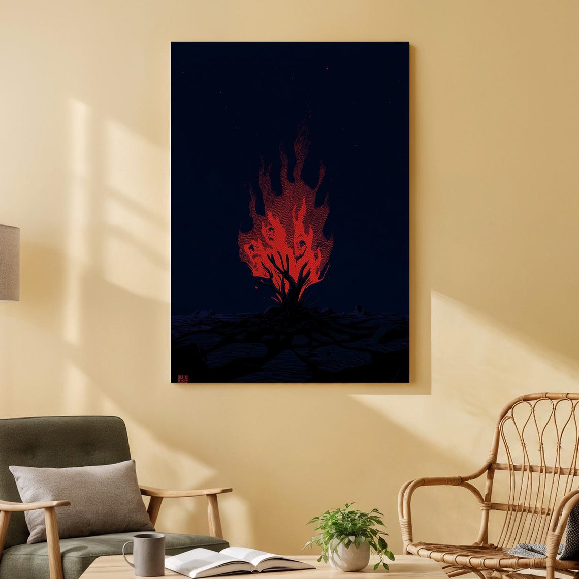 Fiery Tree Abstract Poster Print On Wood Bold Flames And Dark Sky Design Modern Minimalist Artwork For Living Room Bedroom Or Office