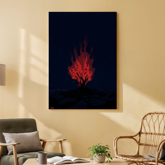 Fiery Tree Abstract Poster Print On Wood Bold Flames And Dark Sky Design Modern Minimalist Artwork For Living Room Bedroom Or Office