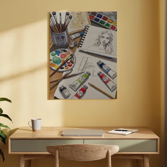 Artist Studio Still Life Paint Brushes Palette Sketch Art Poster