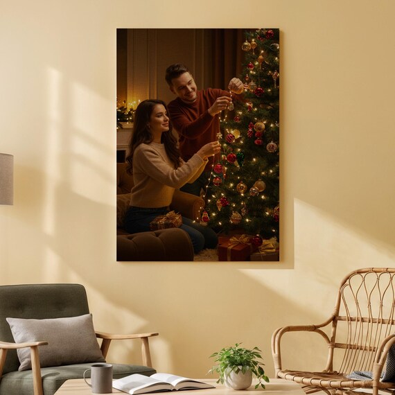 Couple Decorating Christmas Tree Poster Cozy Holiday Home Art