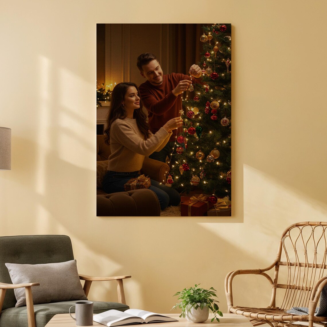 Couple Decorating Christmas Tree Poster Cozy Holiday Home Art