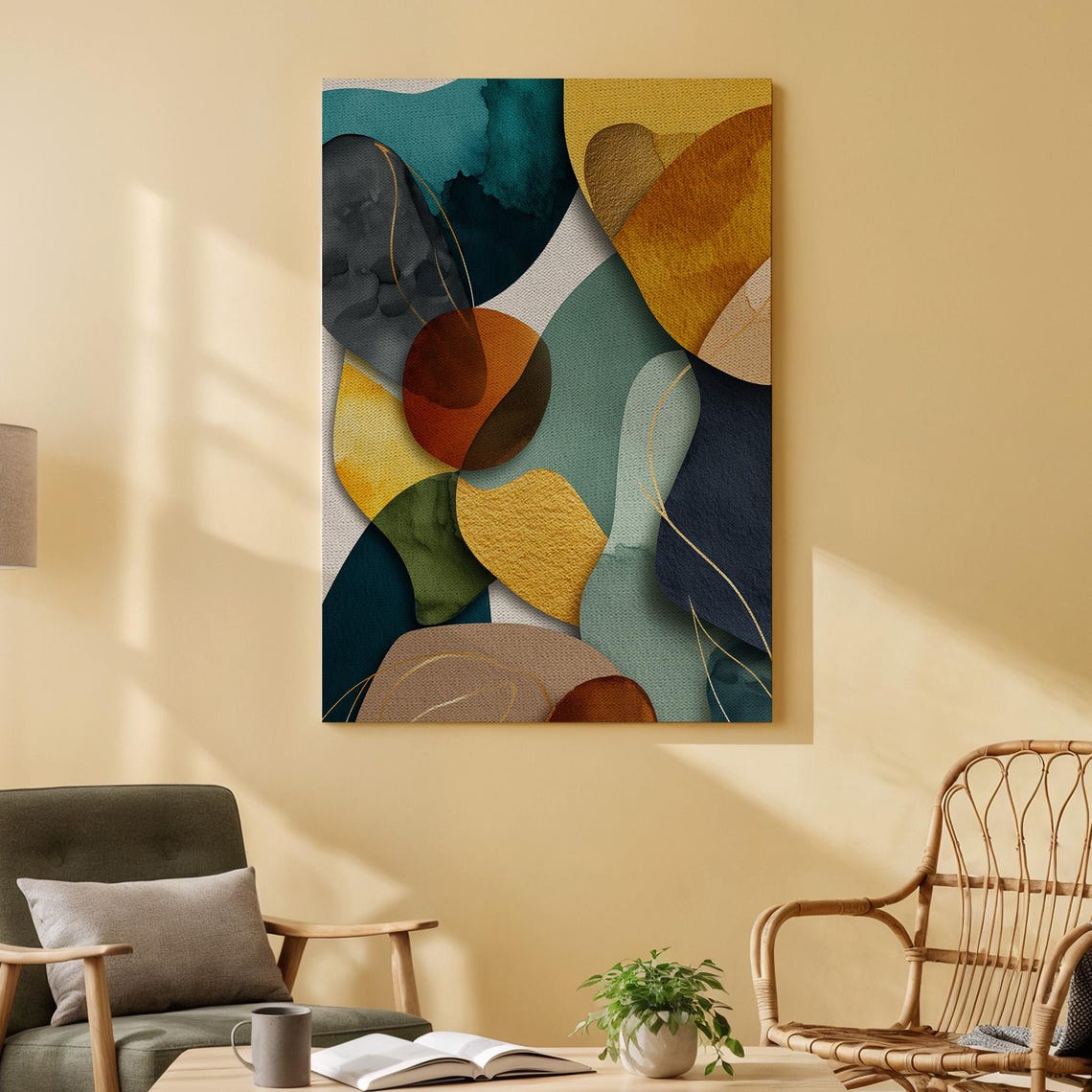 Teal Gold Mustard Abstract Watercolor Blobs Modern Canvas Poster