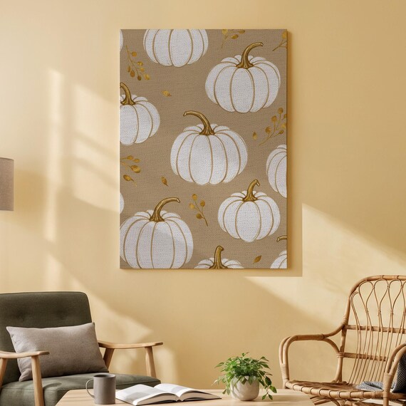 Pumpkin Pattern Canvas Art White Pumpkins With Golden Leaves Fallinspired Autumn Wall Decor For Living Room Bedroom Or Kitchen