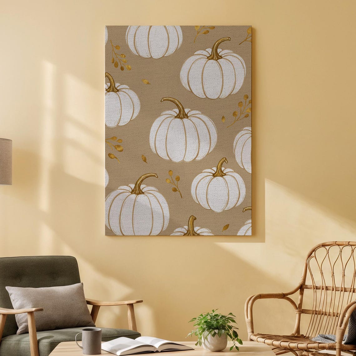 White Pumpkin Pattern Fall Harvest Golden Leaves Chic Art Poster