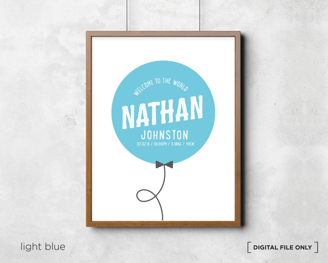 Light Blue Balloon Birth Stats Personalized Nursery Baby Poster