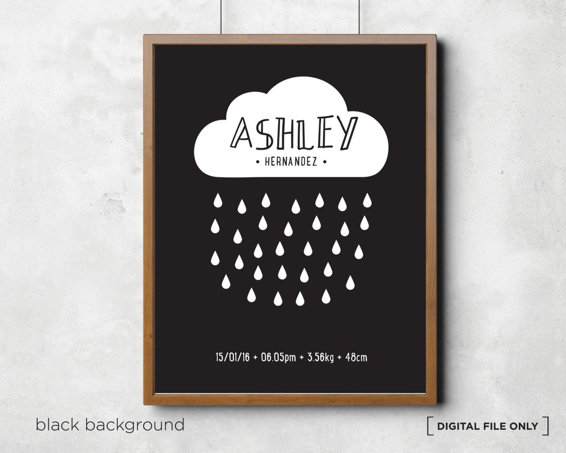 Blue Cloud Rain Birth Stats Personalized Nursery Baby Poster - Image 4