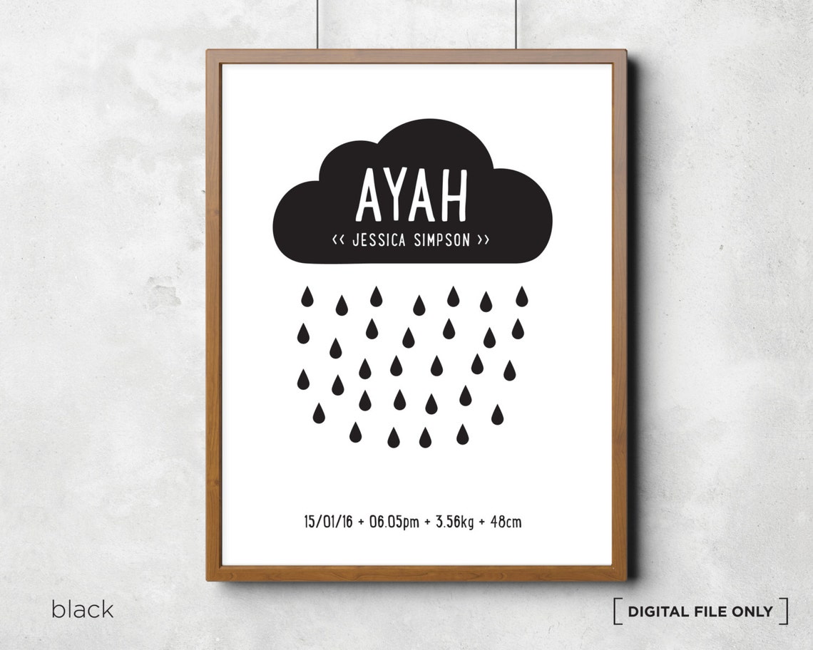 Yellow Rain Cloud Birth Stats Personalized Nursery Decor Wall Art - Image 2