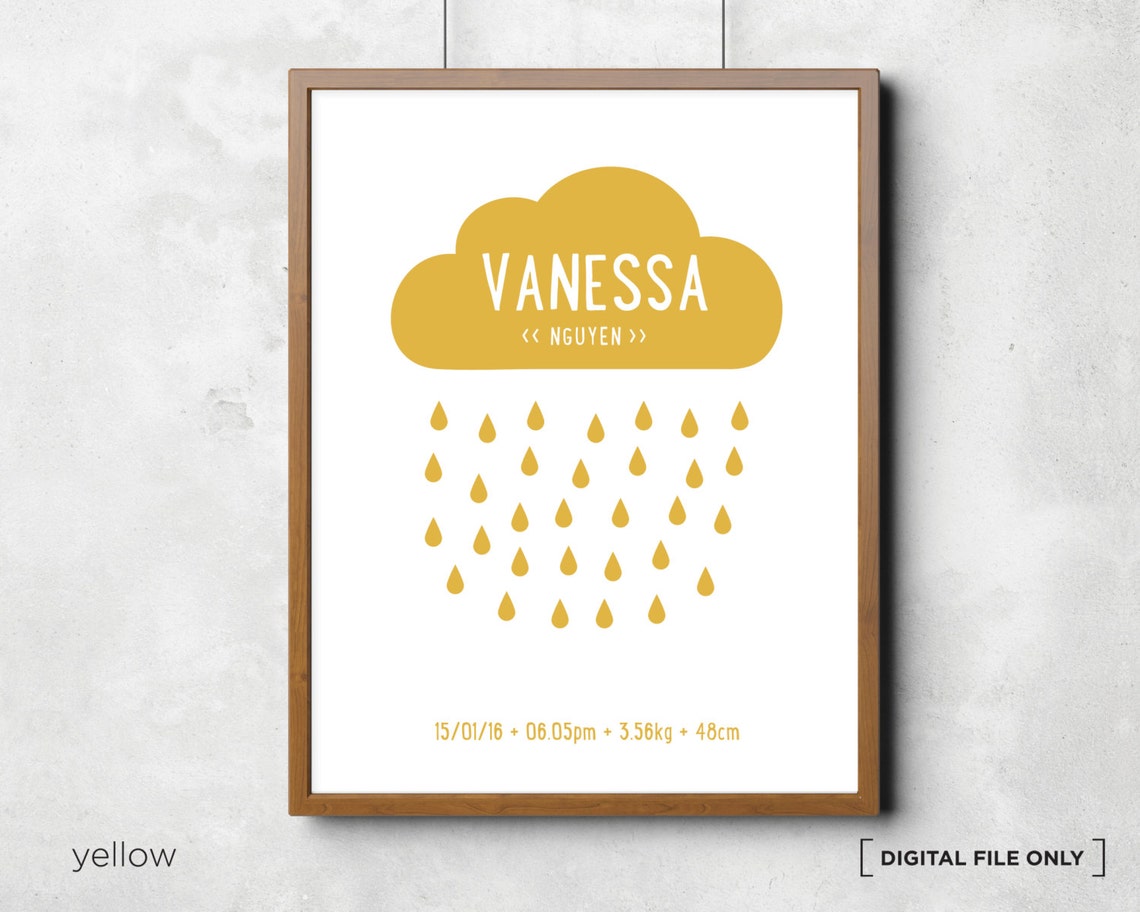 Yellow Rain Cloud Birth Stats Personalized Nursery Decor Wall Art