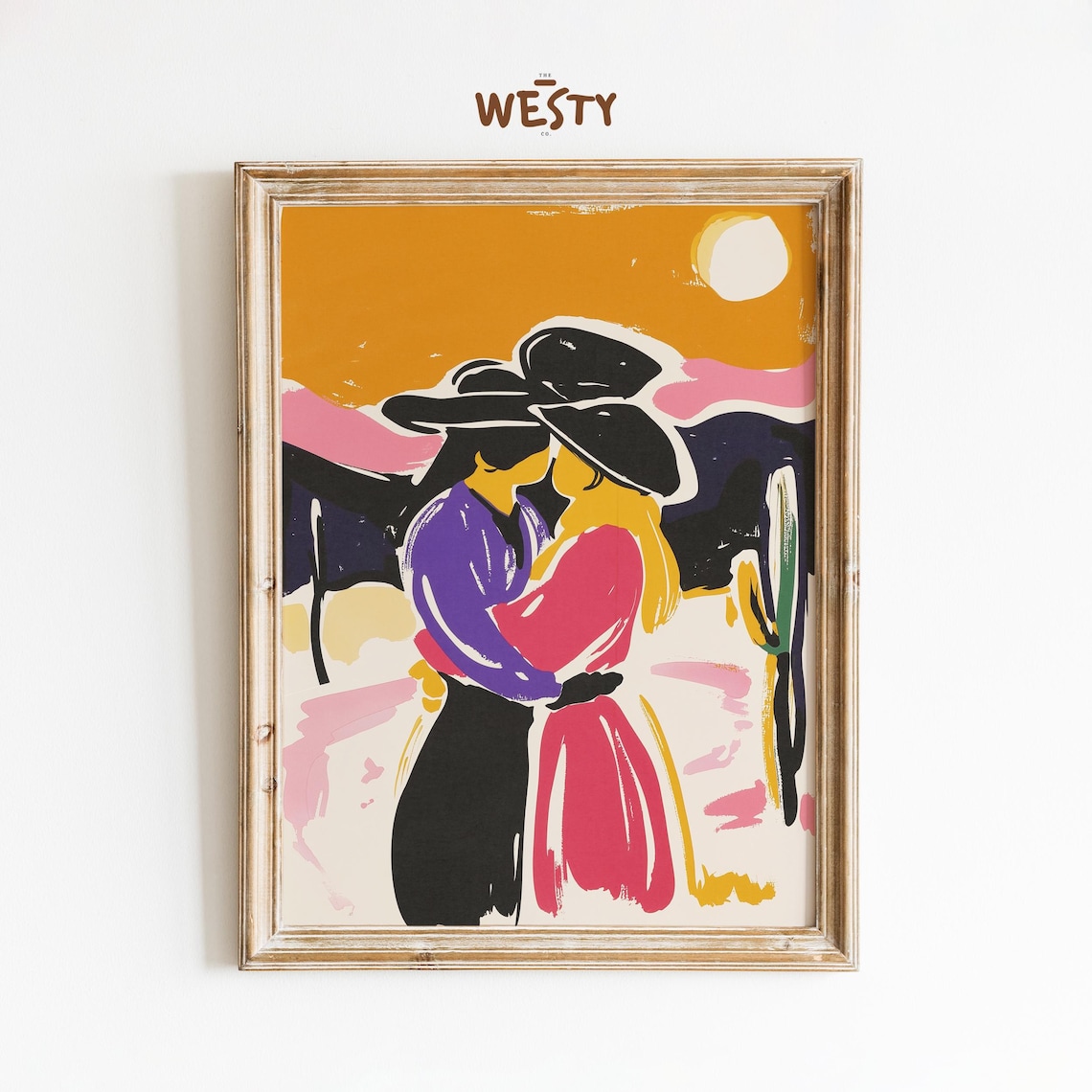 Cowboy Couple Kissing Desert Sunset Romantic Western Love Art Poster