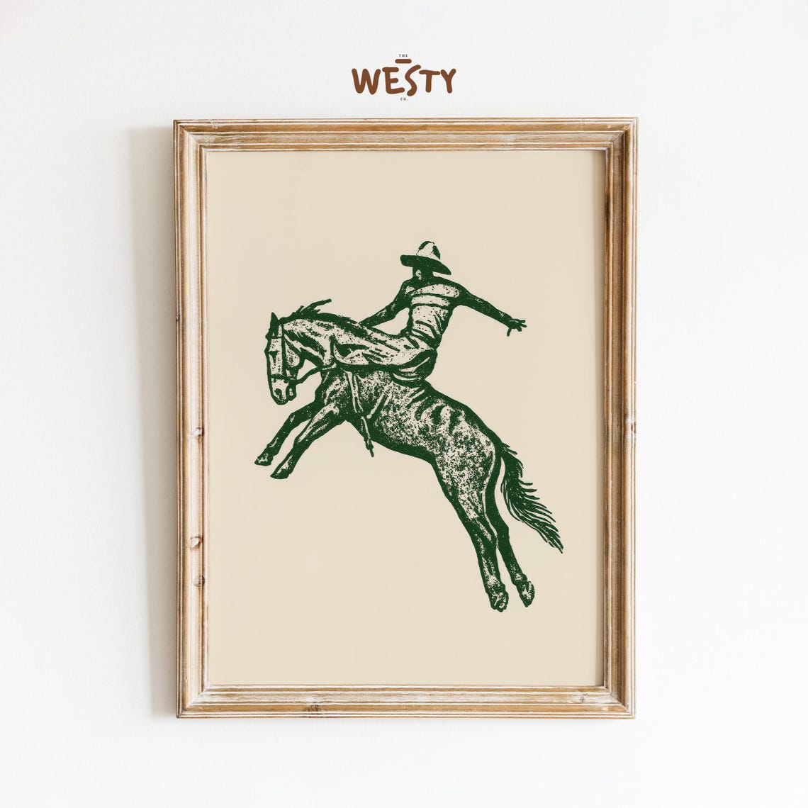 Bronco Rider Rodeo Cowboy Green Woodcut Western Sports Poster