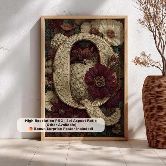 Carved Ivory Letter Q Burgundy Anemones Deep Green Botanical Print