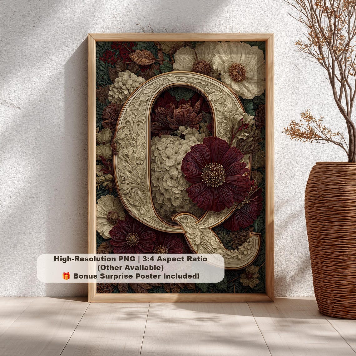Carved Ivory Letter Q Burgundy Anemones Deep Green Botanical Print